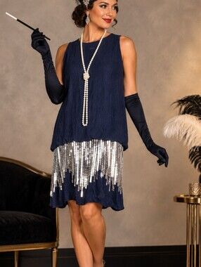 Parker Retro Flapper Black silk and gold sequin dress, size M NWT Size M
